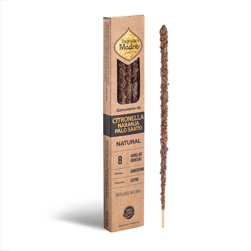 SAHUMERIO SAGRADA MADRE NATURAL 8 VARILLAS GRUESAS CITRONELLA NARANJA PALO SANTO