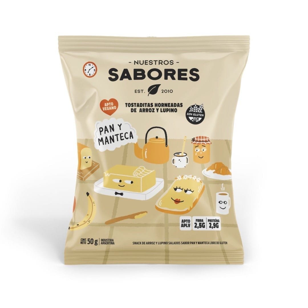TOSTADITAS DE ARROZ Y LUPINO PAN Y MANTECA 50 GR NUESTROS SABORES
