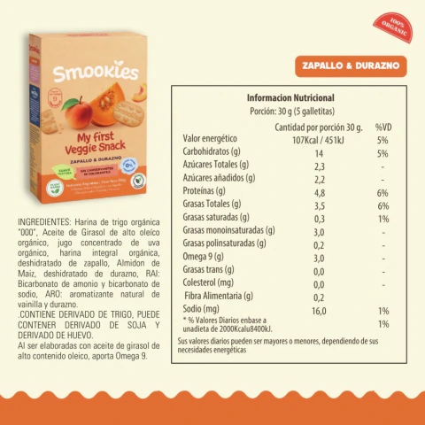 GALLETAS SMOOKIES BABY VEGGIE SNACK 150 G ZAPALLO Y DURAZNO